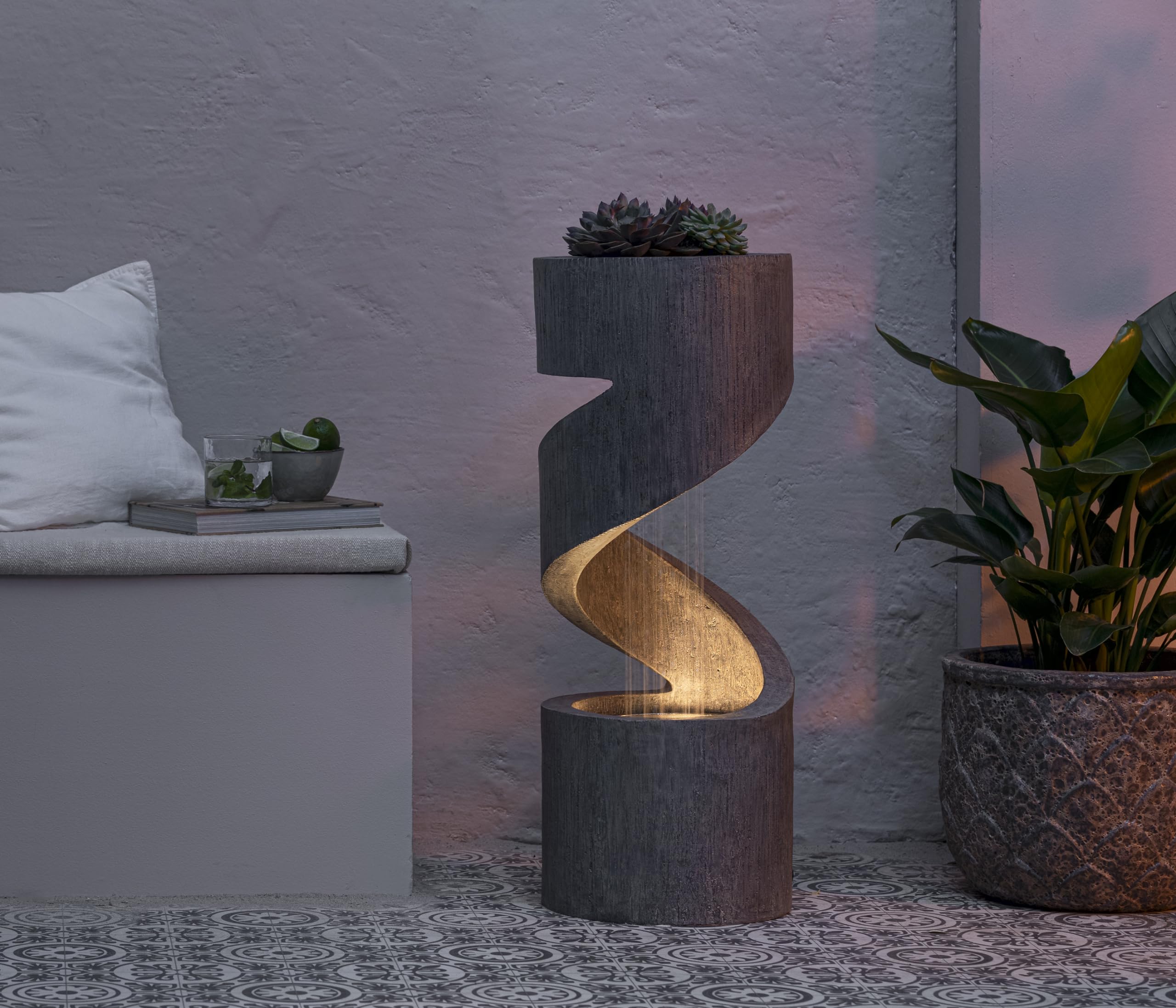 Dehner Gartenbrunnen Ronda, mit LED Beleuchtung, frostbeständig, solarfähiger Brunnen für Außen, 79.5 x 31.5 x 31.5 cm, Polyresin, grau