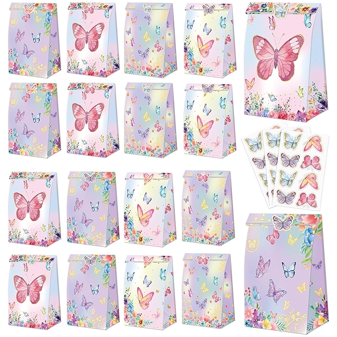 蝴蝶派对礼品袋 - 20个彩色纸袋与蝴蝶贴纸，儿童生日派对周边用品