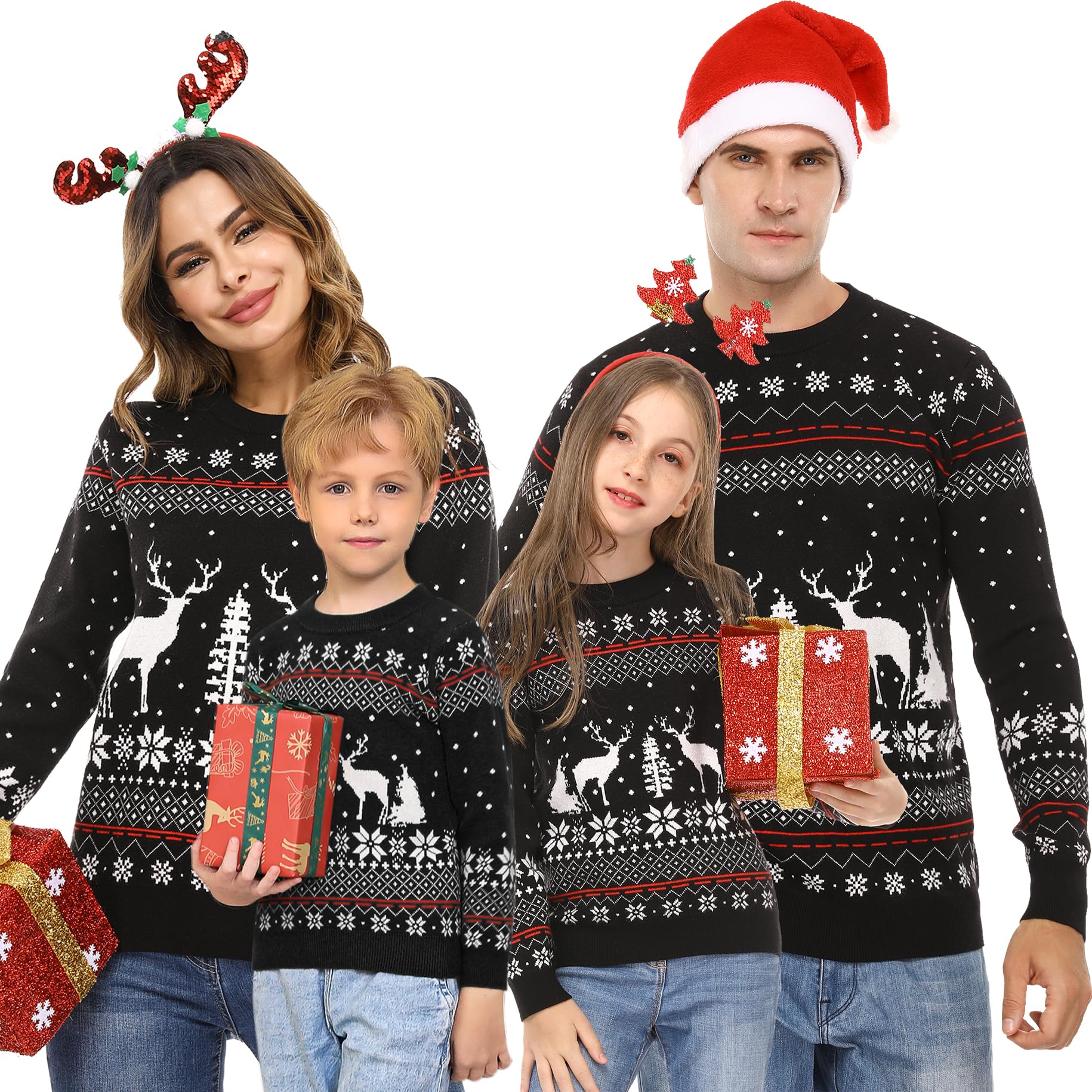 Aiboria Matching Family Ugly Christmas Reindeer Snowflakes Sweater Pullover for Women Men Boys Girls