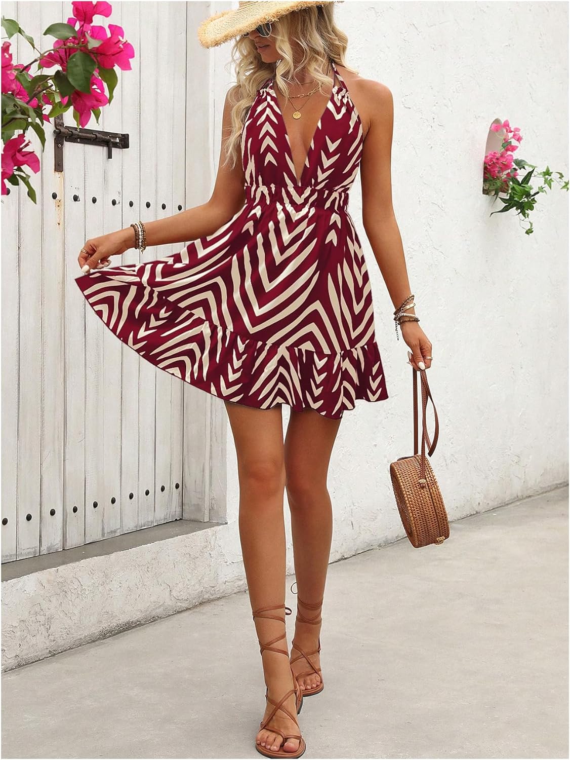 SOLY HUX Women's Allover Print Summer Dress Halter Deep V Neck Ruffle Hem Short Dresses - Image 5