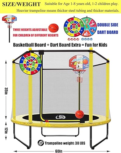 Miniatura 2 de LANGXUN Trampolín de 60 pulgadas para niños mini trampolín de 5 pies para interiores y exteriores con red aro de baloncesto y tabla de dardos
