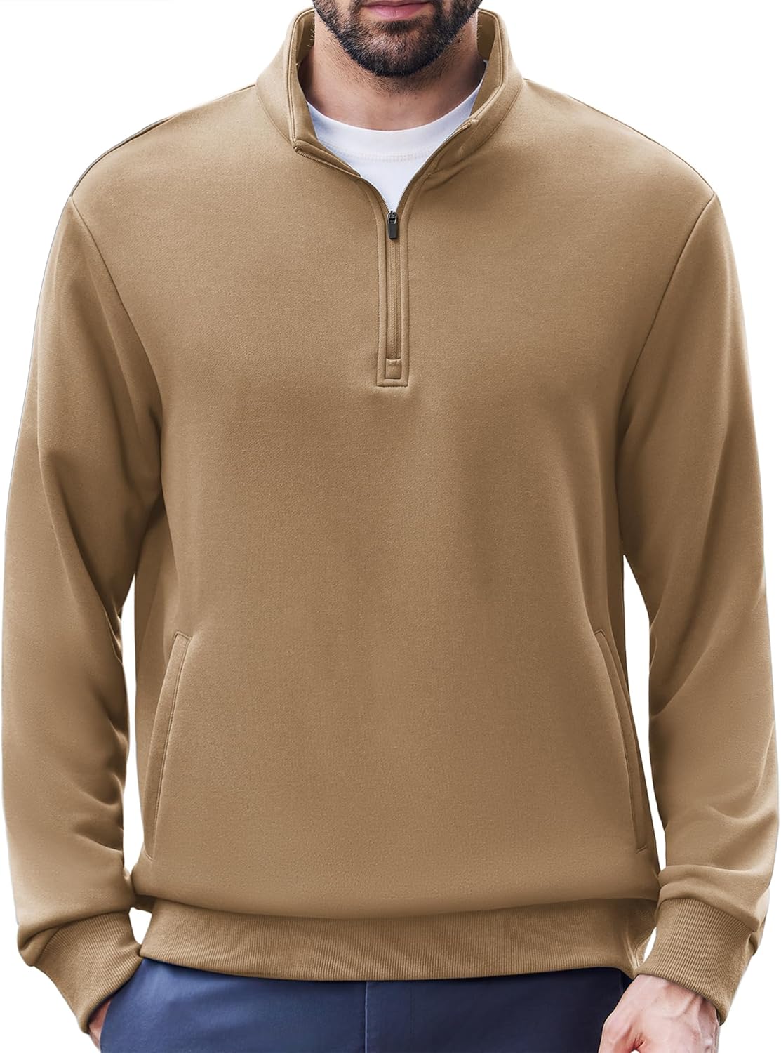 Men's Quarter Zip Pullover Long Sleeve Mock Neck Sweatshirts with Pockets Thermal Midweight Polo Shirt Relaxed Fit Khaki Large