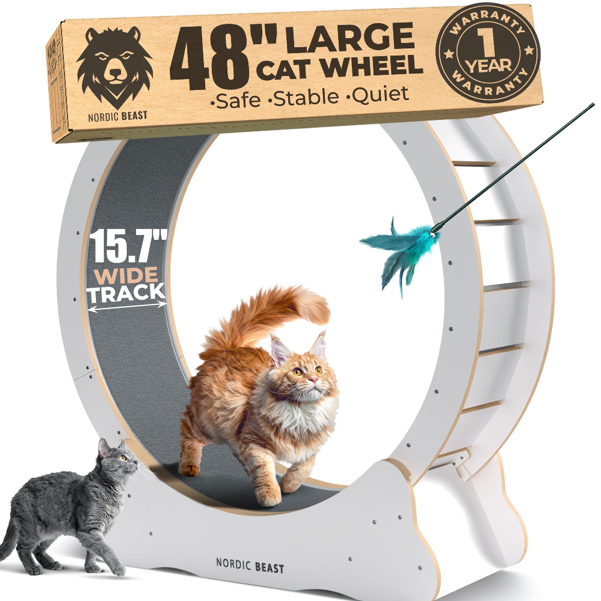 White 48'' XL Cat Wheel - Cat Wheels for Indoor Cats Which Doesn't Negatively Affect Your Cat's Spine - 15.7'' Extra Wide White Exercise Wheel - Fits 2 Cats Side-by-Side, 1-Year Warranty