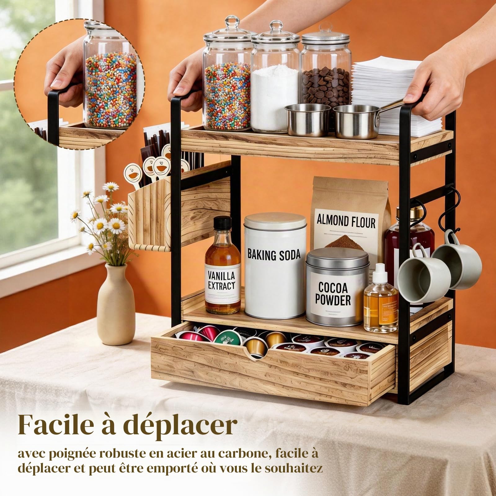 Organiseur de station à café à 3 niveaux avec tiroir et crochets pour tasses, en bois, pour comptoir de cuisine, maison, bureau