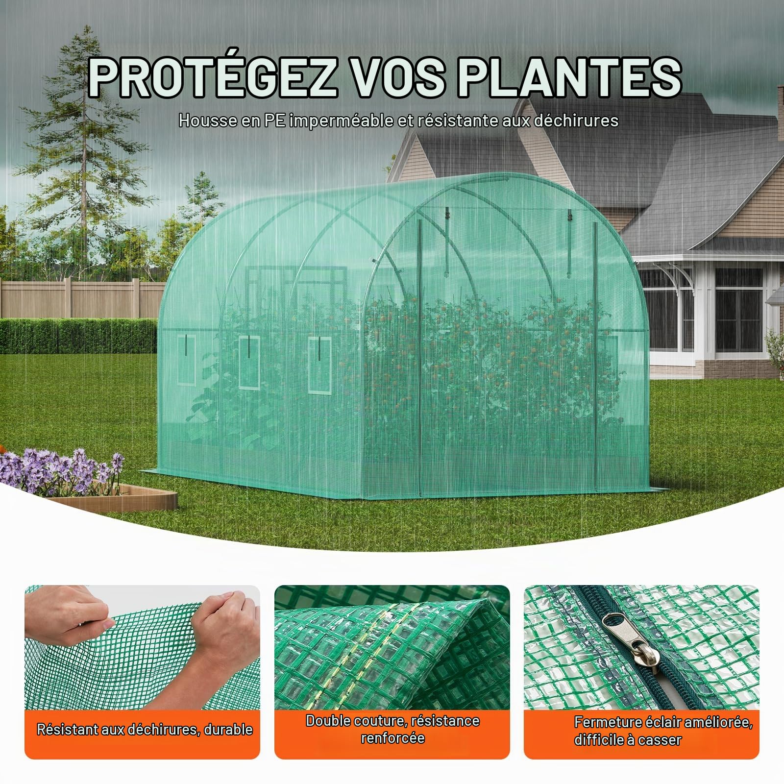 VEVOR Serre Tunnel Jardin, 345x195x192 cm, Tente Abri Plantes avec Cadre en Acier Galvanisé, Couverture en PE Verte, Porte à Glissière Enroulable, 6 Fenêtres, pour Extérieur Cultiver Légumes Fleurs