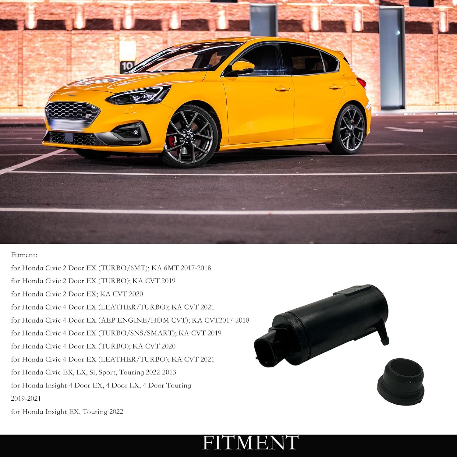 Windshield Washer Motor Pump for Honda Civic EX, LX, Si, Sport 1.5L L4 2016-2020 for Honda Insight 2019 2020 2021 Replace 76806-TBA-A01 with Grommet