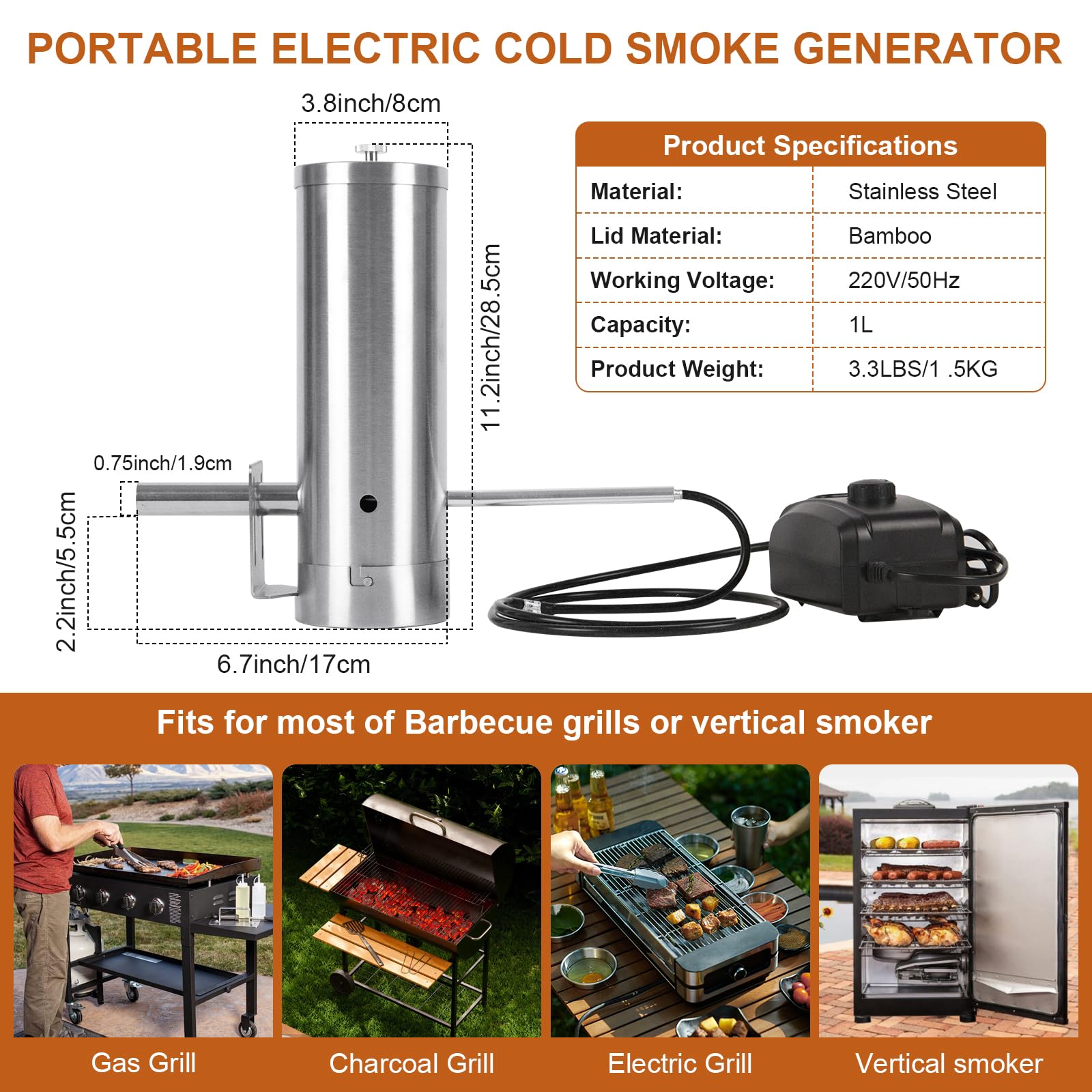 Kaltrauchgenerator aus Edelstahl, Raucherzeuger für Räucheröfen Smoker mit Pumpe, Edelstahl Kaltrauchgenerator für Räucherofen Kaltraucherzeuger Smoker Raucherzeuger BBQ Rauch-Erzeuger