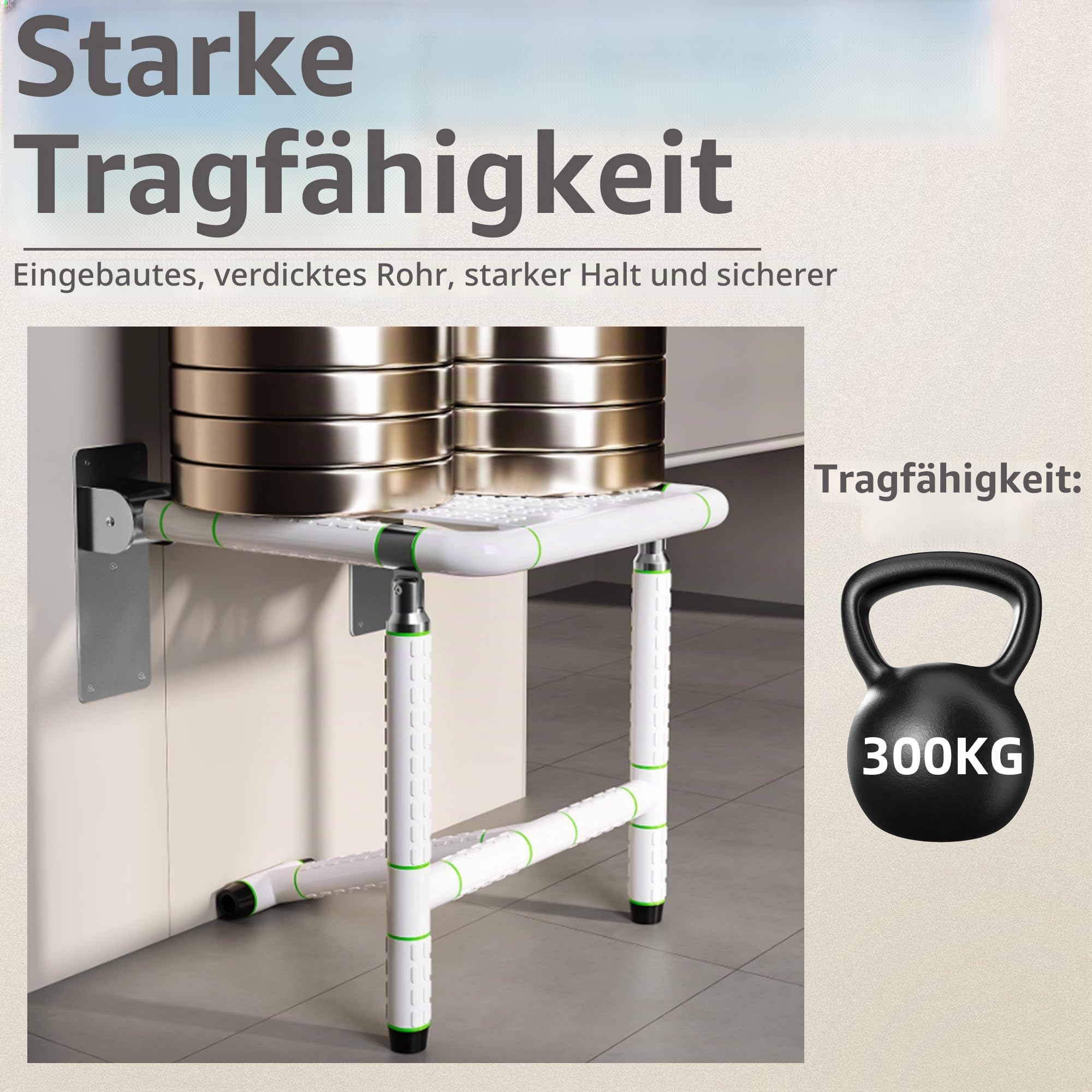 ITSOGOO Duschklappsitz Für Wandmontage mit Stützfüßen,rutschfeste Duschstuhl bis 300kg Badestuhl Duschhocker 304 Edelstahl Badhocker Hocker für Senioren und Behinderte Weiß