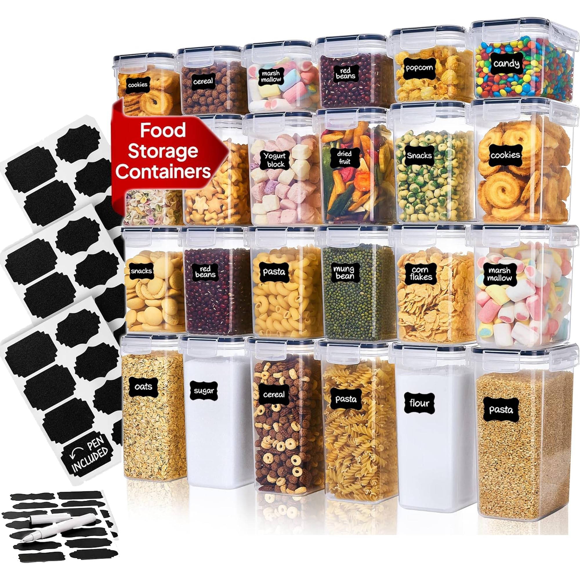 Panzy Home Black 24 Pack Food Storage Containers With Airtight Lids, Bpa Free Airtight Cereal Storage Containers For Dry Food, Pasta, Flour & Sugar, With Labels & Marker