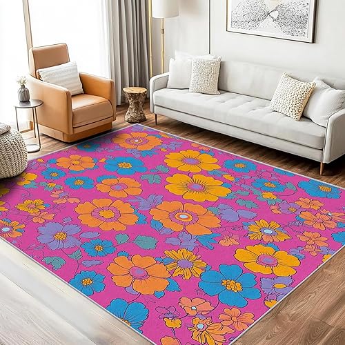 Miniatura 1 de Alfombras de área de flores coloridas de 8 x 12 pies, diseño hippie retro de los años 70 y 80, suave alfombra lavable para dormitorio, alfombra