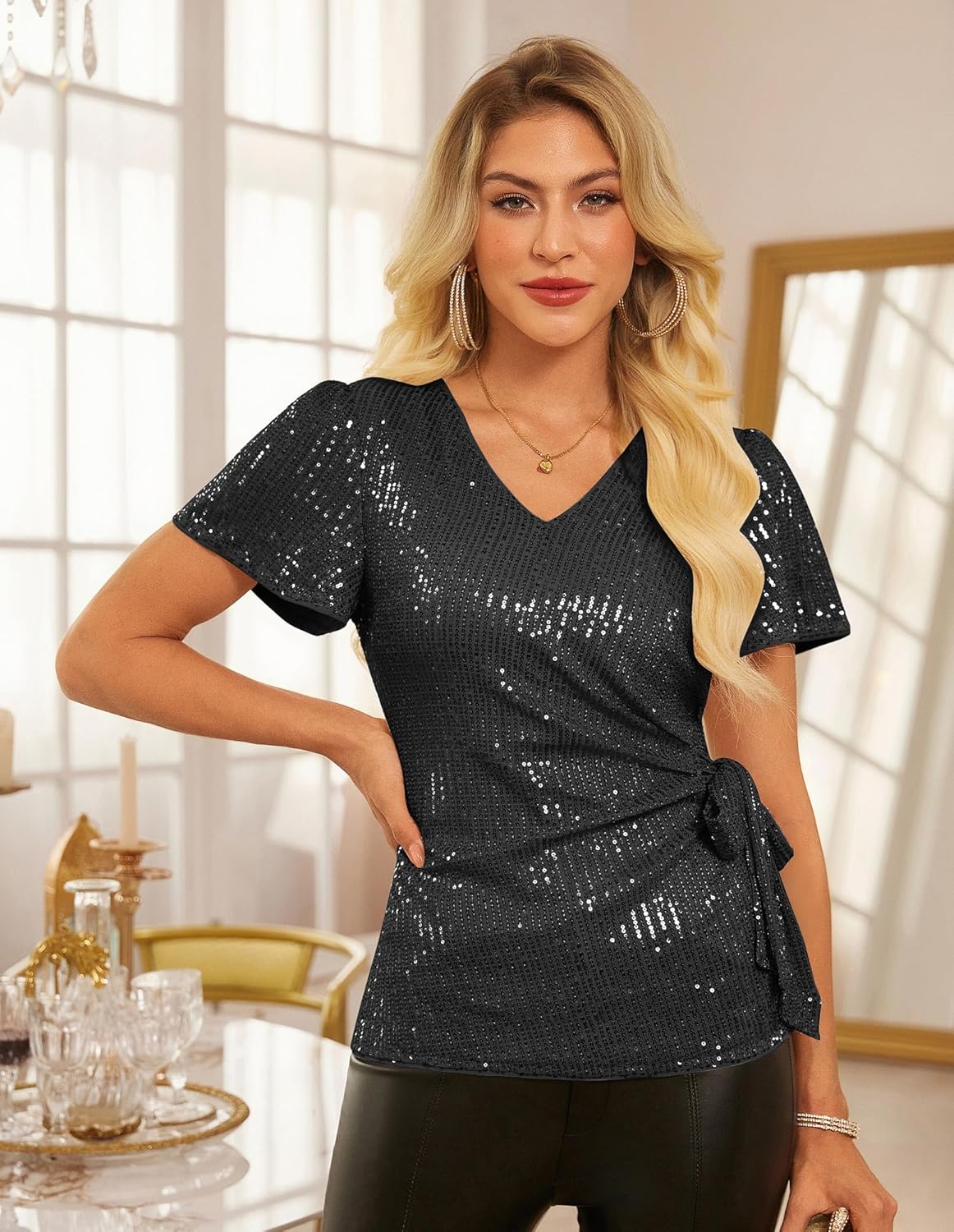 GRACE KARIN Womens Sequin Tops 2025 Ruffle Sleeve Sparkly Shirt, Glitter Party Blouses Dressy Concert Disco Outfits - Image 2