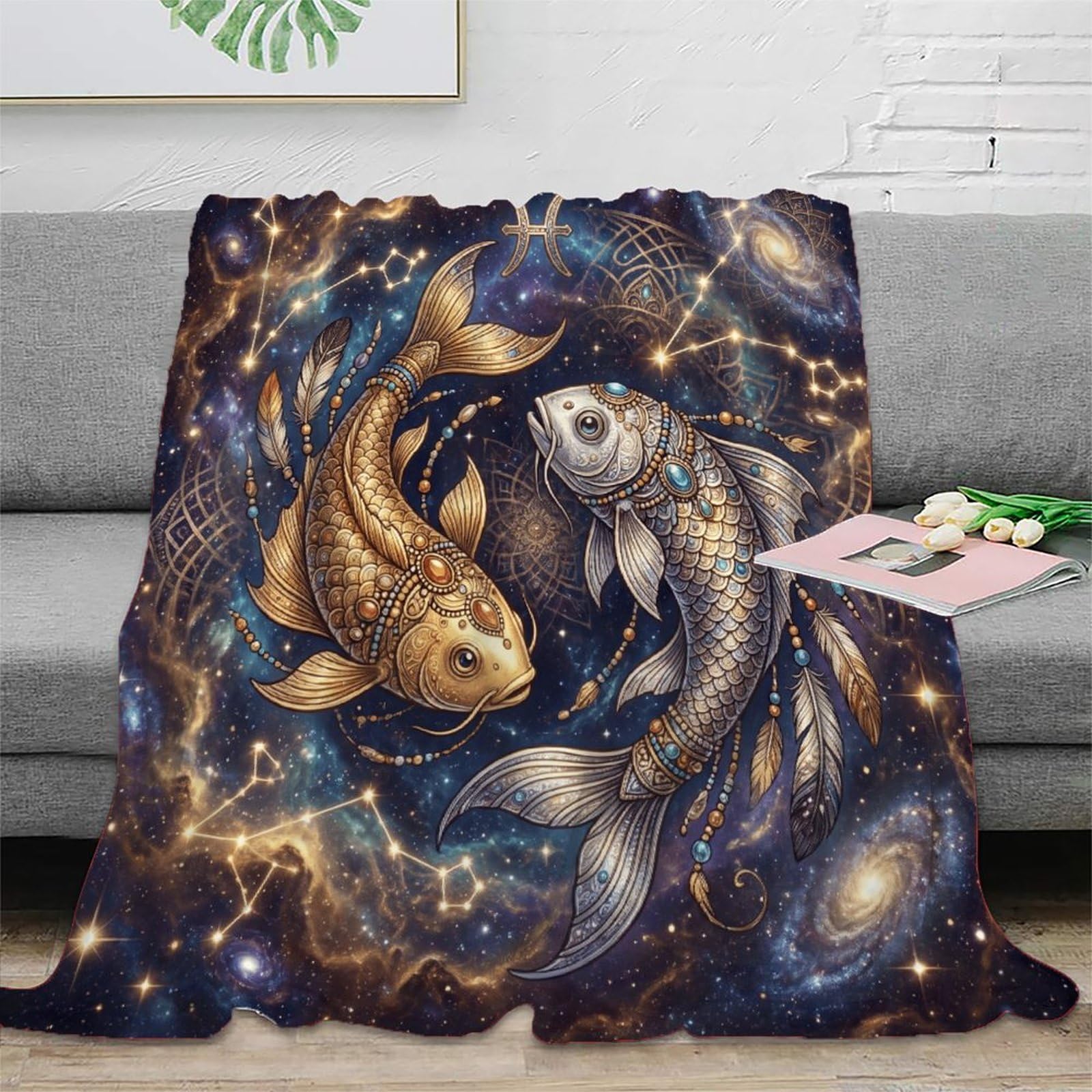 H3B8U2Y5 Pisces Zodiac Celestial Koi Flannel Throw Blanket, Living Room Bed