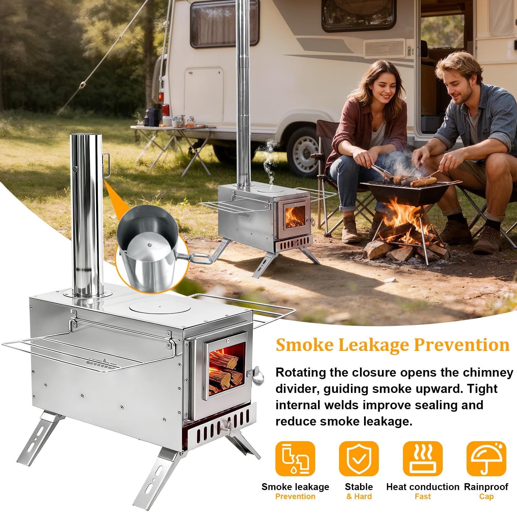 unho Zeltofen Gartenofen Tragbarer Holzofen, Campingherde Edelstahl Holzkocher mit 7 Rohren und Rohrbogen, Ideal für Camping im Zelt, Outdoor-Kochen und Gartenaktivitäten, 32,5 x 33,5 x 210 cm