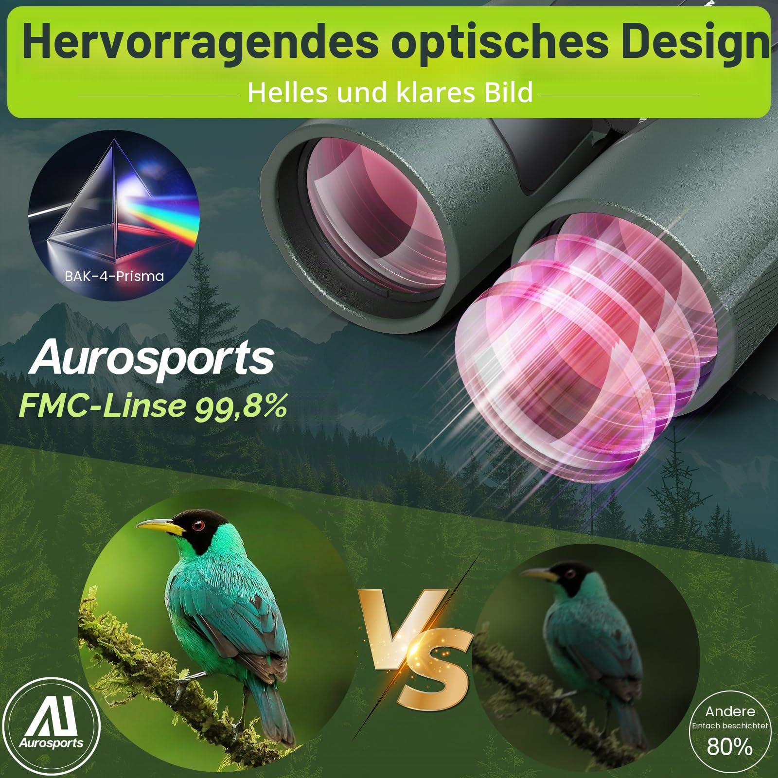 Aurosports 15x56 Fernglas für Erwachsene - HD Fernglas für Vogelbeobachtung Large View mit BAK4-Prisma klaren Low Light Vision - Easy Focus Leichtes Ferngläser für Jagd Wandern Kreuzfahrt Reisen（Grün）