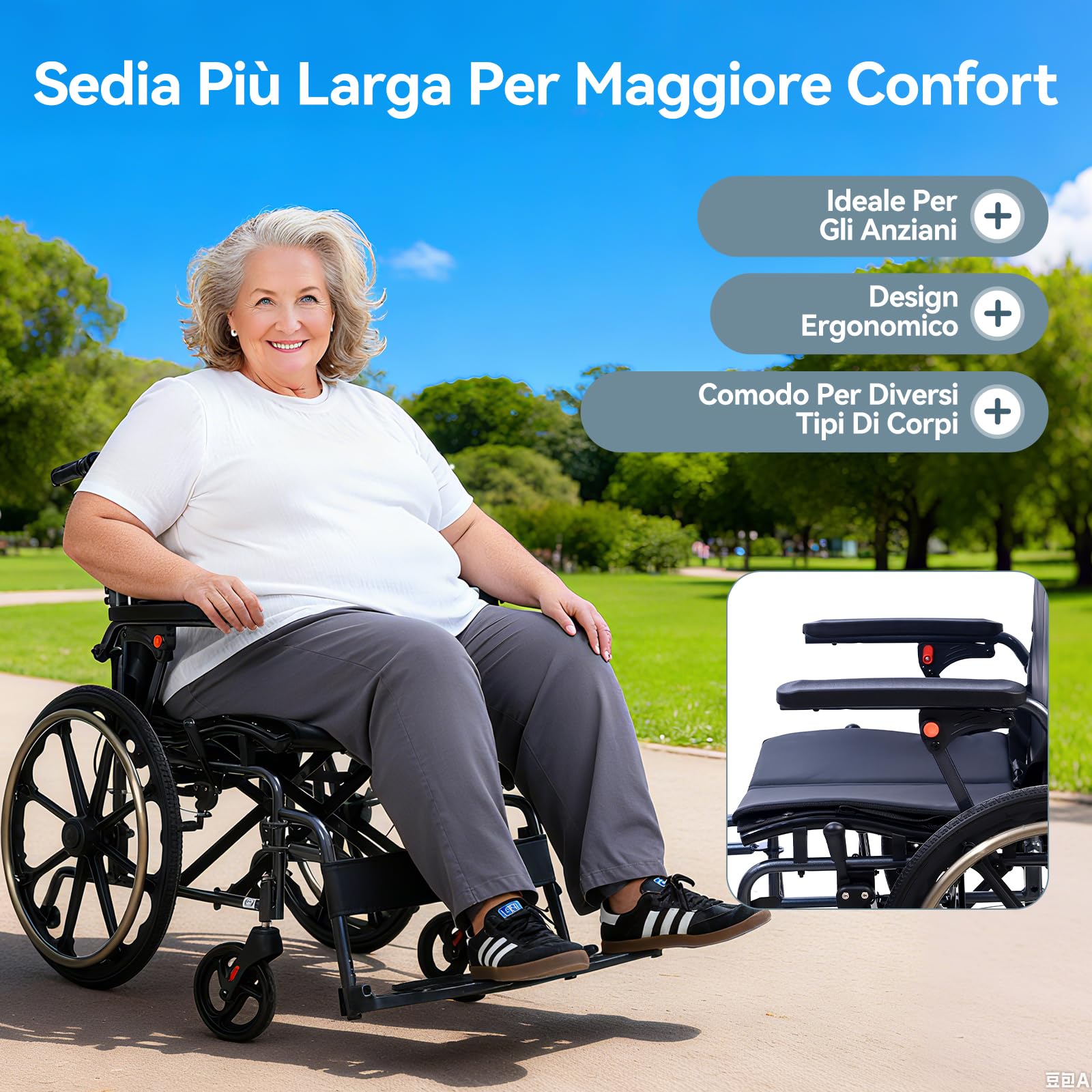M4 Sedia a rotelle pieghevole autopropulsata per adulti(11KG), seduta ampia 46cm, con poggiapiedi rimovibili, ruote antiribaltamento e doppio sistema frenante, robusta e resistente, portata 100KG-Nero