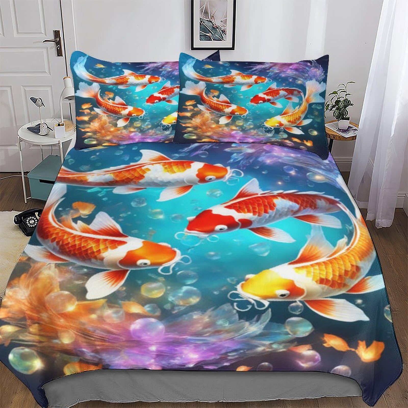 Koi Fish Bedding 2 Pieces Set for Kids Boys Girls Teens Bedroom Duvet Cover Soft Quilt Cover Microfiber Easy Care Comforter Cover with Pillowcase Single (135x200cm)