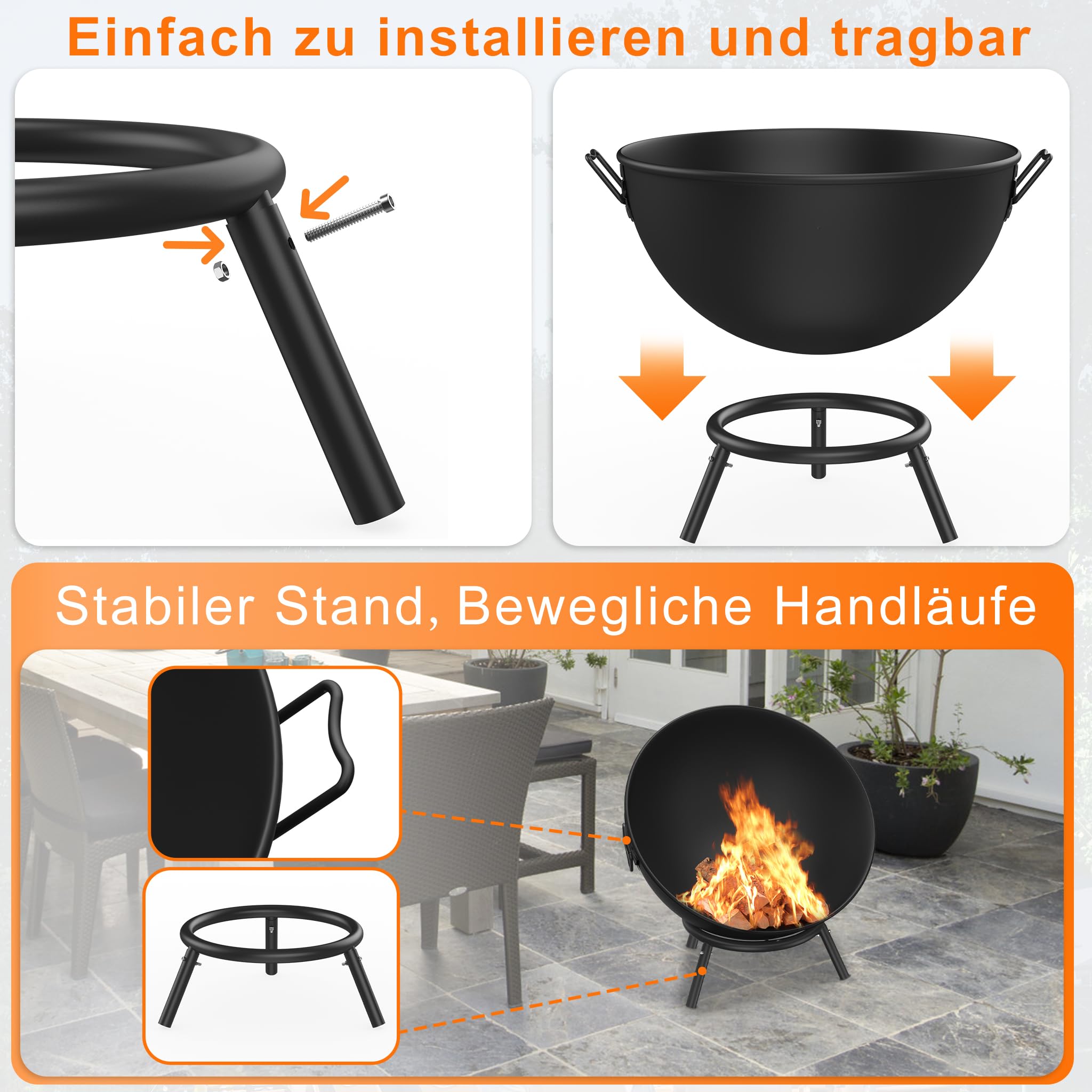 Feuerschale 62 cm Feuerschalen für den Garten, Terrasse & Balkon Feuerkorb Camping aus Stahl Feuerstelle Outdoor mit Dreibein Gestell Feuertonne Flexibel Einstellbarer für Lagerfeuer Schwarz