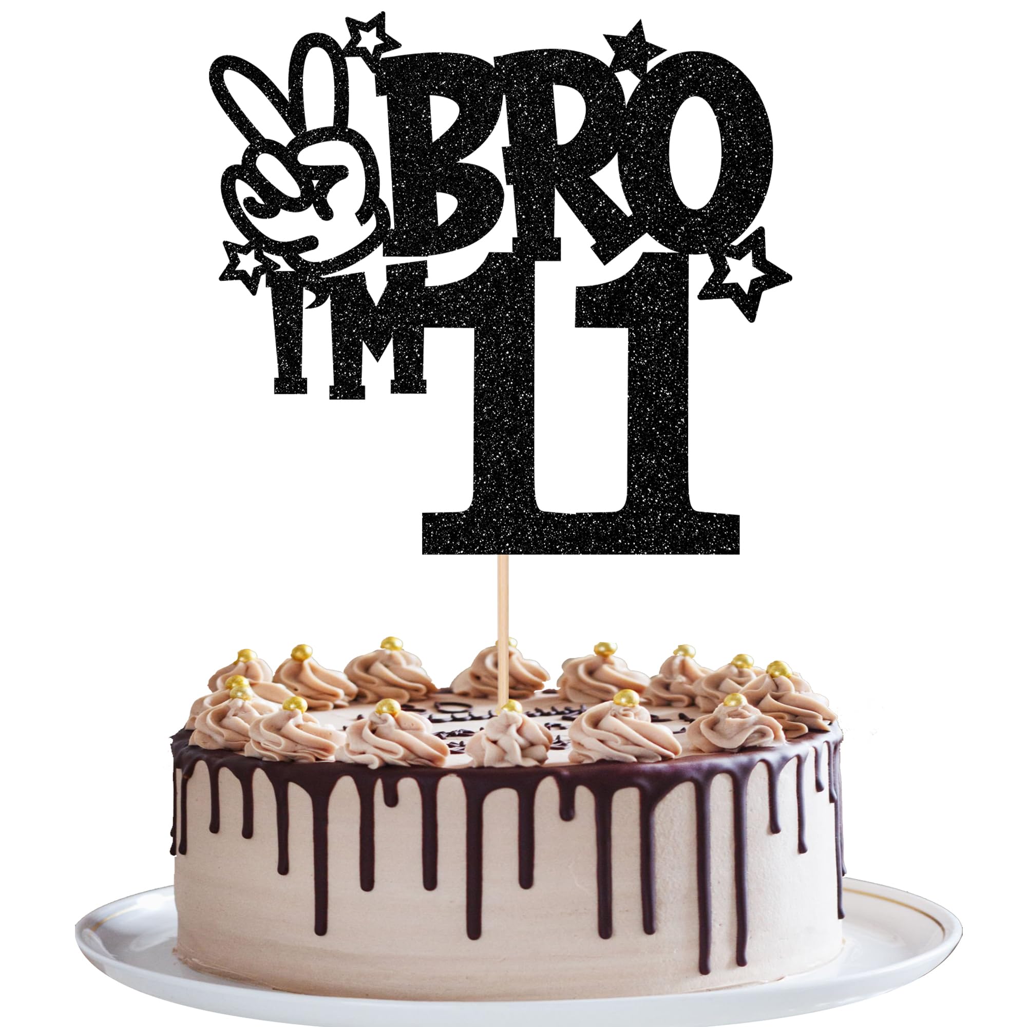1 Stück BRO I'm 11 Tortendeko Glitzer Bro I'm 11 Cake Topper It's My 11th Geburtstag Kuchen Deko für Prost auf 11 Jahre Kinder 11th Geburtstag Party Kuchen Dekoration Schwarz