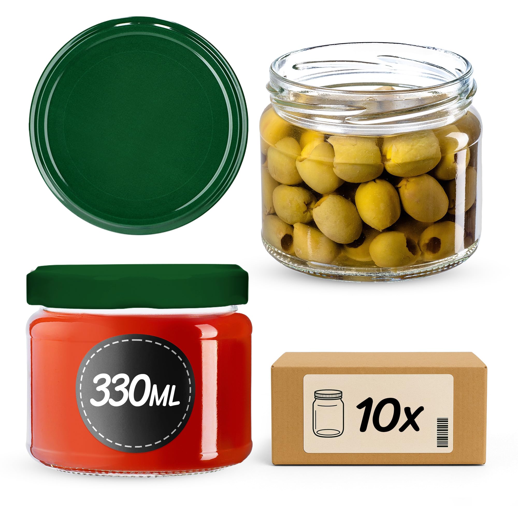 KADAX 10er Set Marmeladengläser 330ml TO82 Grün, Einmachgläser Vorratsgläser Mason Jar mit Schraubdeckel, Luftdichte Schraubgläser, Honig & Konfitüre