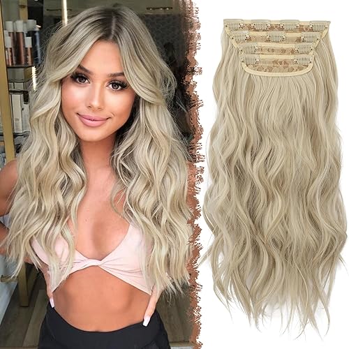 FESHFEN Clip in Hair Extensions - 4 PCS Long Wavy Thick Highlighted Clip in Hairpieces Synthetic Extension for Women, Mixed Blonde 20 Inch