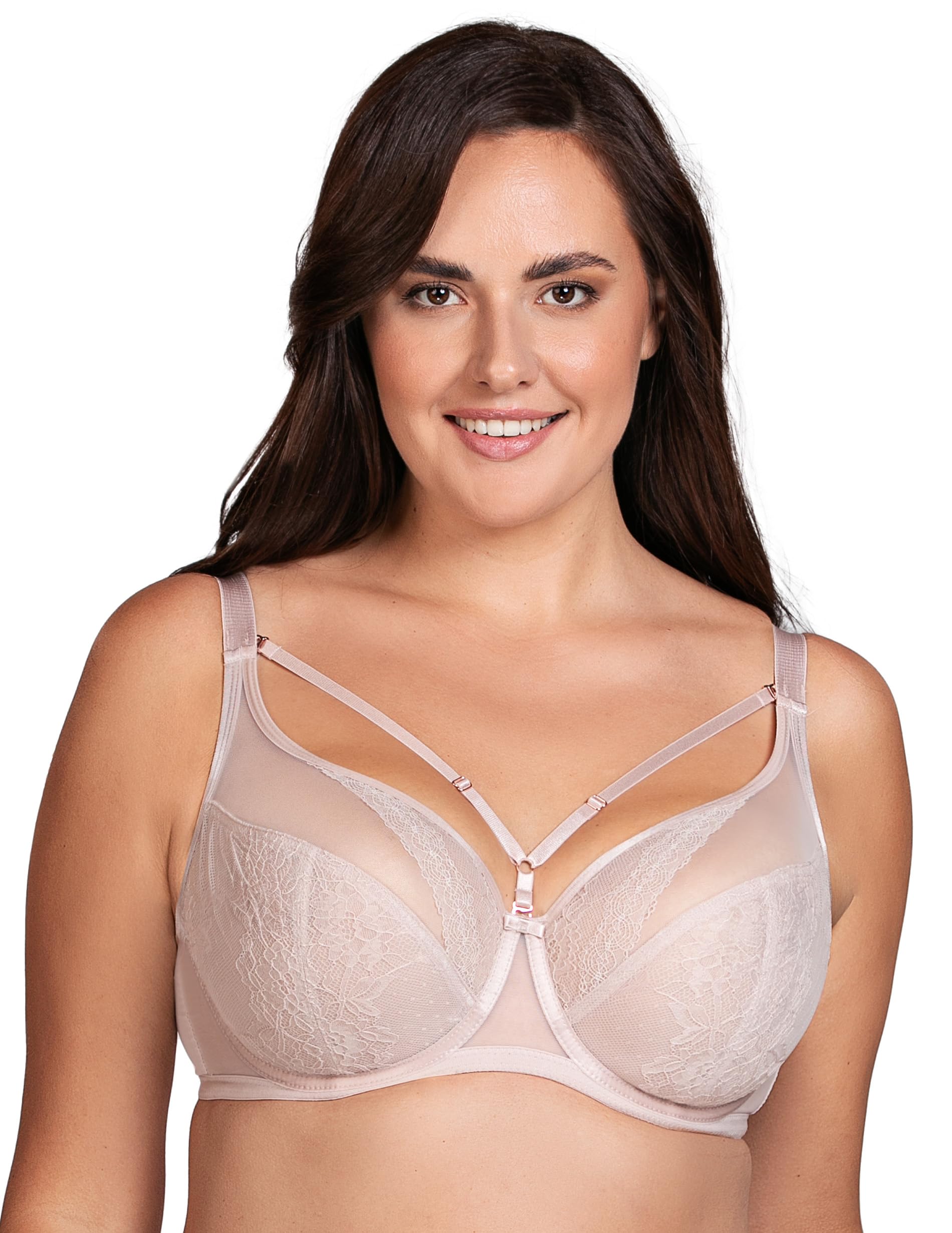 VIVISENCE Damen Bügel-BH Softcup Spitze Mit Dekobändern Verstellbare Träger Schleife Netz Cups Transparent Roségold Details Lingerie Vollschale Unterwäsche