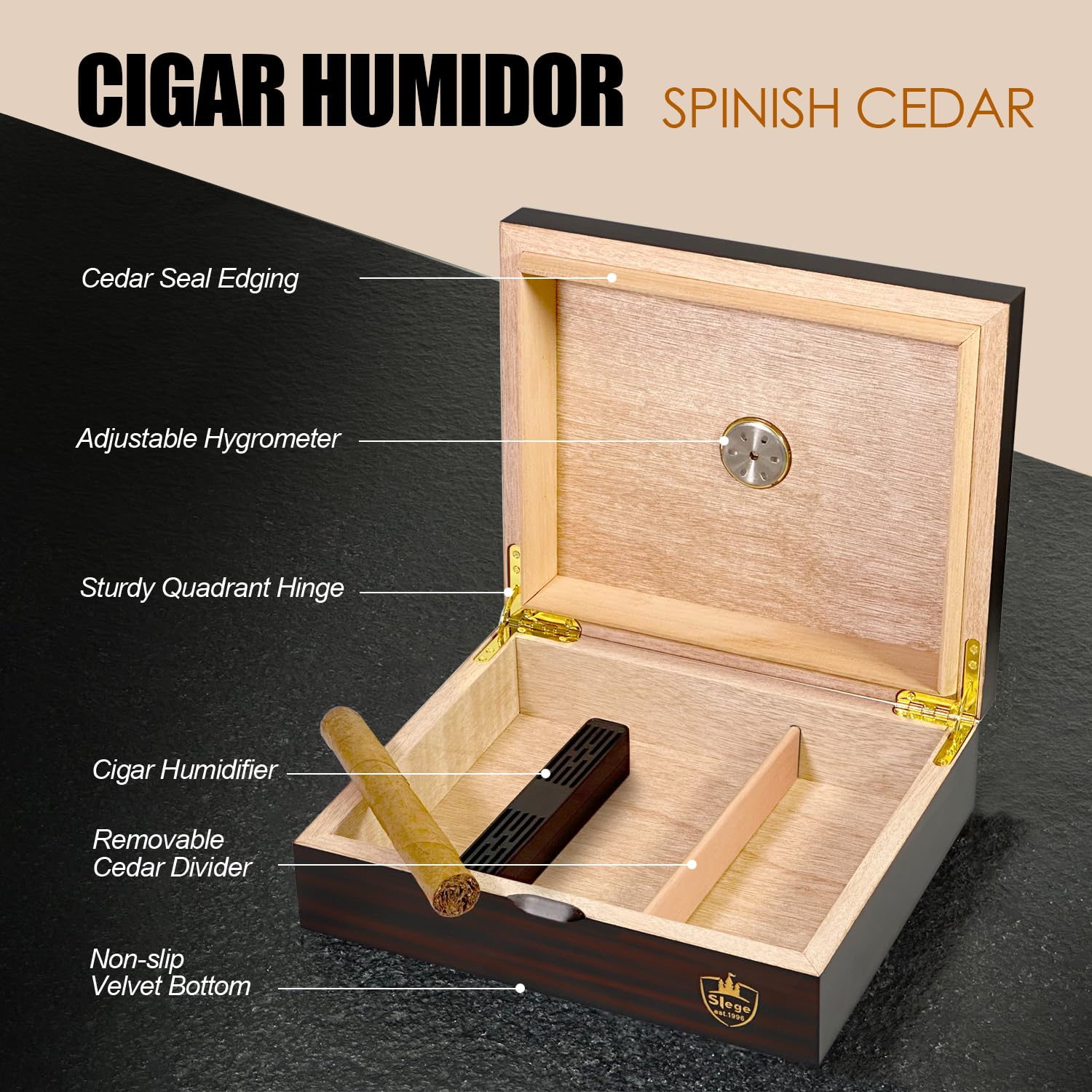 Slege Zigarren Humidore, Humidor-Zigarren,Spanische Zeder Holz Zigarrenbox,mit Humidor Befeuchter,Hygrometer,Teiler,einzelne Schicht,Männer Geschenk Zigarren Zubehör (10-30 zigarren)