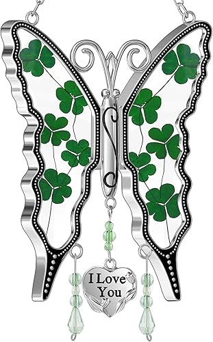 Miniatura 10 de KY&BOSAM Trébol mariposa atrapasoles Faith Hope Love Irish Catcher para ventana, adorno colgante celta, carillón de viento, alas de flores reales