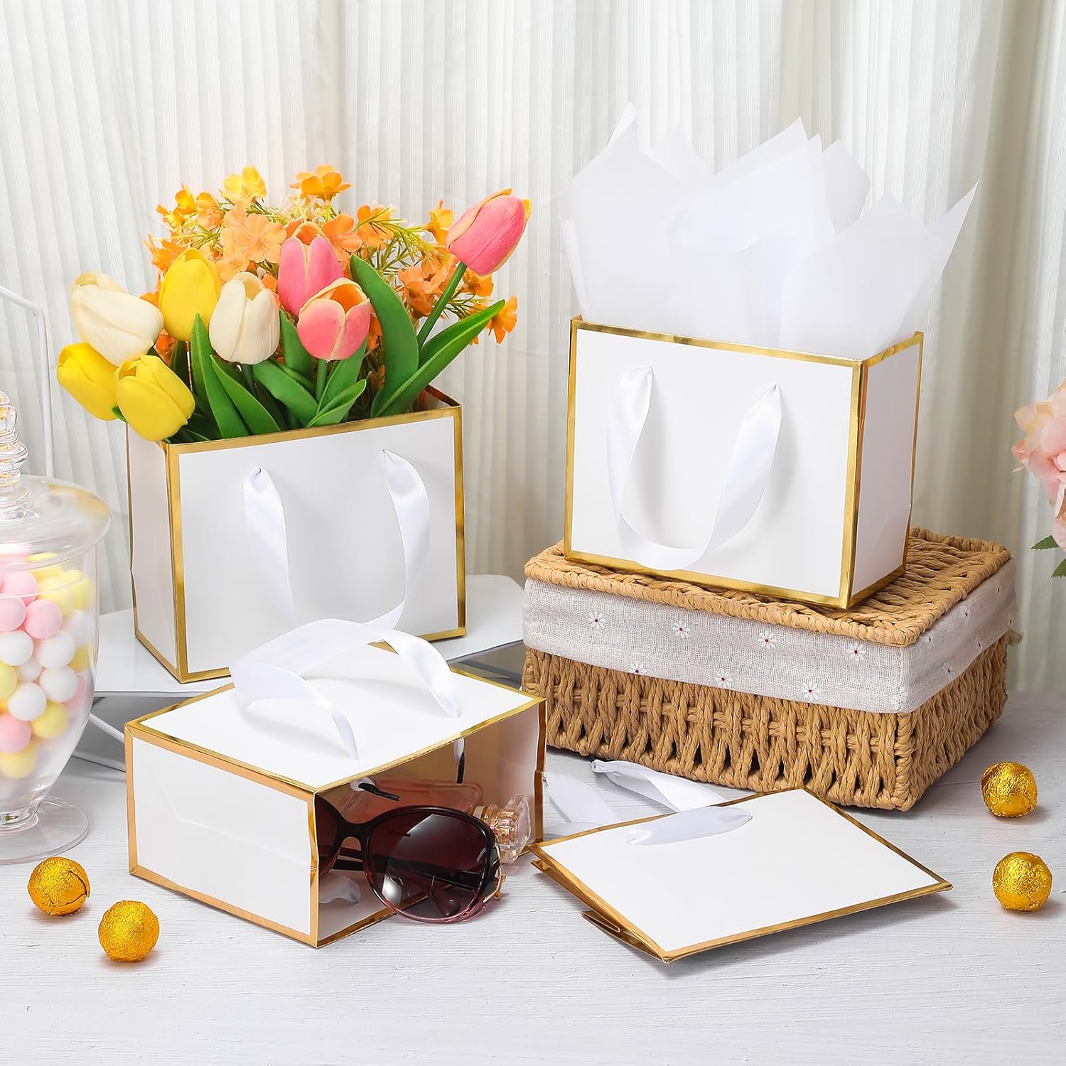 EQOREIIN 30 Pcs Small Metallic Foil Gift Bags with Handles, White Gold Thank You Favor Bag with Tissue Paper for Back to School Baby Shower Wedding Mother's Day Christmas Party (6.4x3.1x5.1 Inch) - Image 2