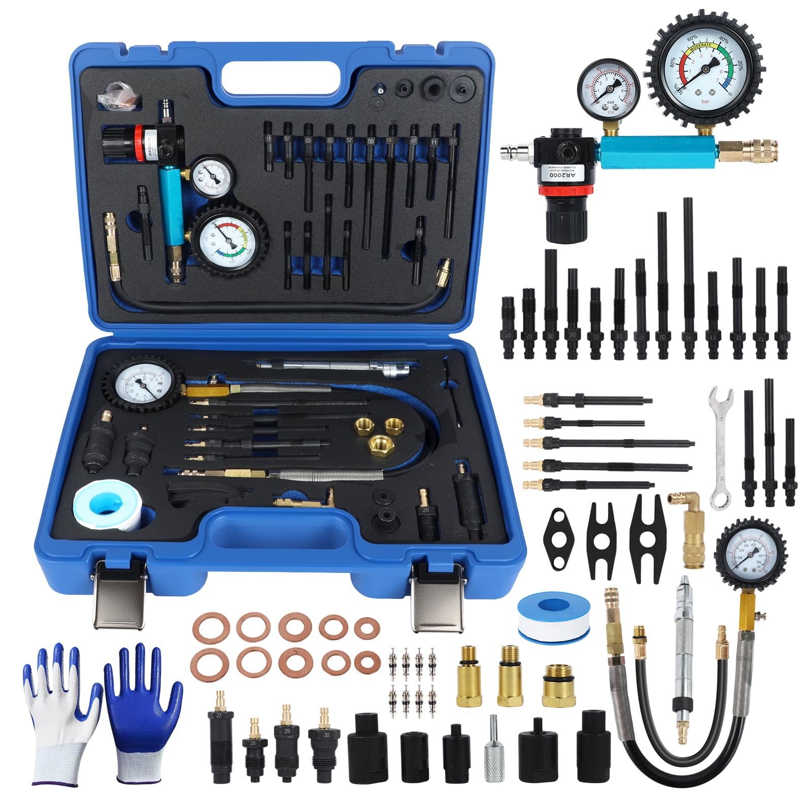 Set di 47 tester di compressione per motori a benzina e diesel, 0-50 bar, tester di compressione diesel a doppio manometro, per motori HDI, TDCi e pompa