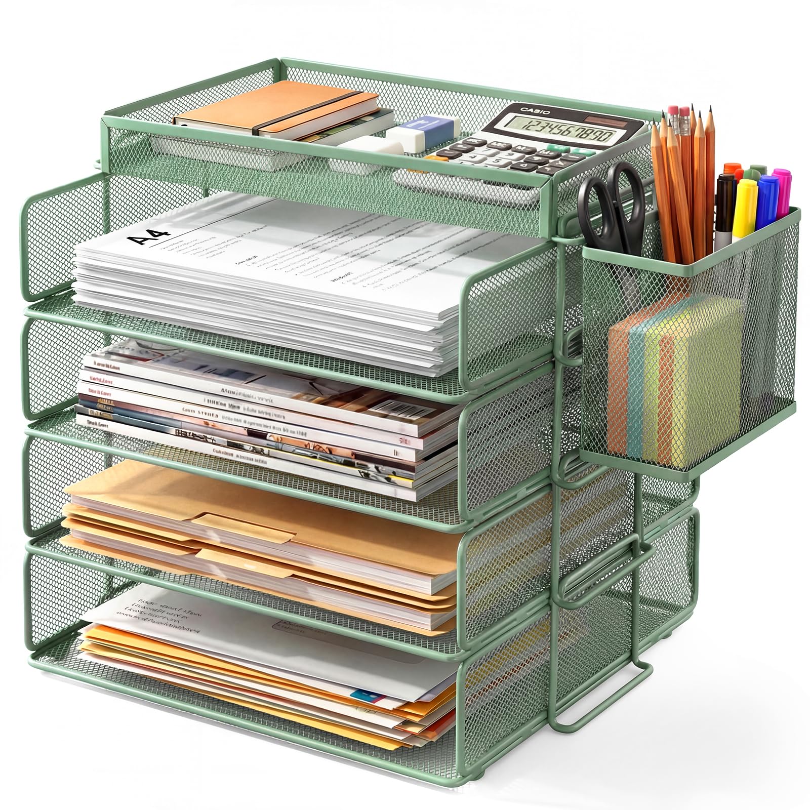 Portadocumenti impilabile per fogli A4, organizer scrivania con 4 scomparti e 1 portapenne, adatto a documenti A4, portadocumenti da scrivania in metallo, porta documenti ufficio scrivania (verde)