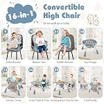 KOTEK 16 en 1 Chaise haute convertible, Chaise haute bébé & Centre d'activités avec jouets, siège booster, table de bâtiment, chaise pour tout-petit avec 5-Point Harnais, trait amovible & Coussin (bleu)