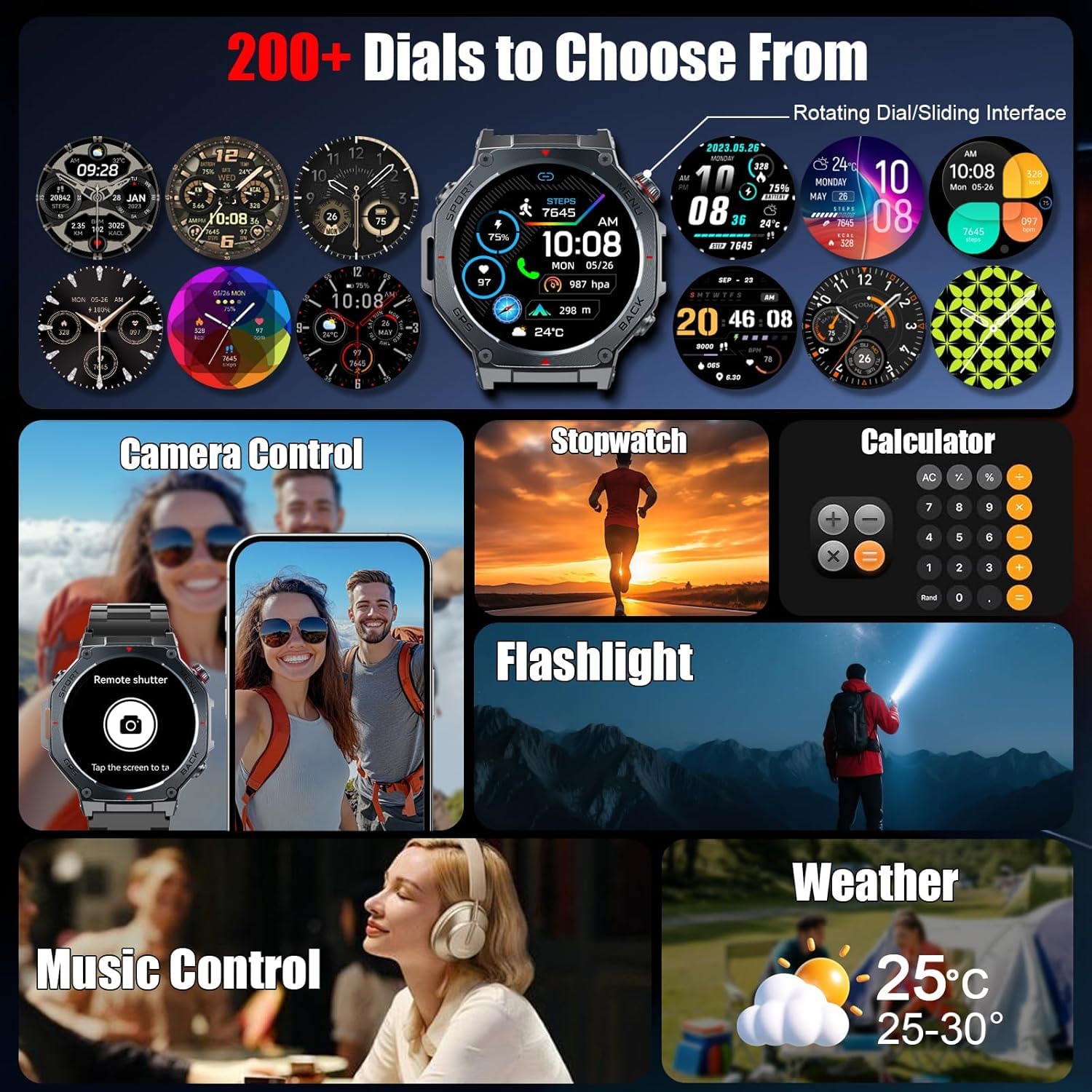 Montre Connectée Homme, 1.43"AMOLED Militaire Smartwatch Torche LED, Noir
