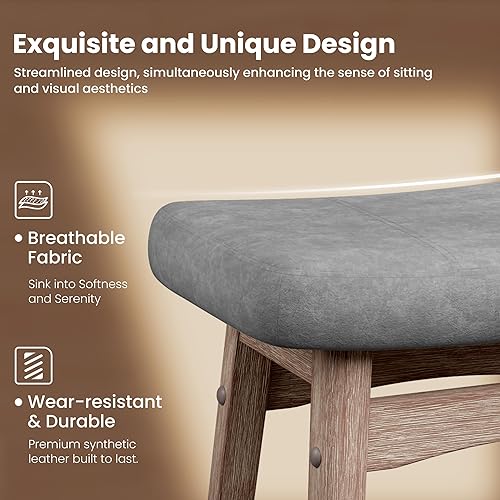 Miniatura 4 de PHI VILLA Juego de 2 taburetes de bar de granja, herramientas de madera con asiento tapizado, taburetes de 24 pulgadas para encimera de cocina,