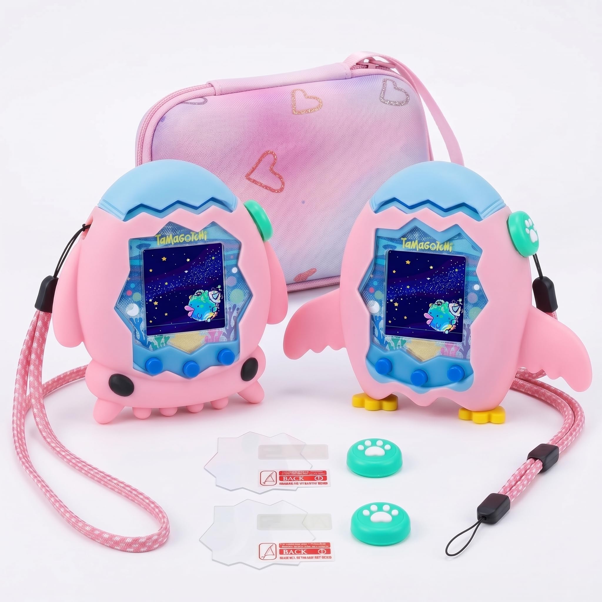 9 Pcs Set Silicone Case for Tamagotchi Paradise - Penguin & Octopus Design with Storage Box & 2 Button Cap & 2 Screen Protector & Lanyards - Protective Cover Case for Tamagotchi Pet Accessories