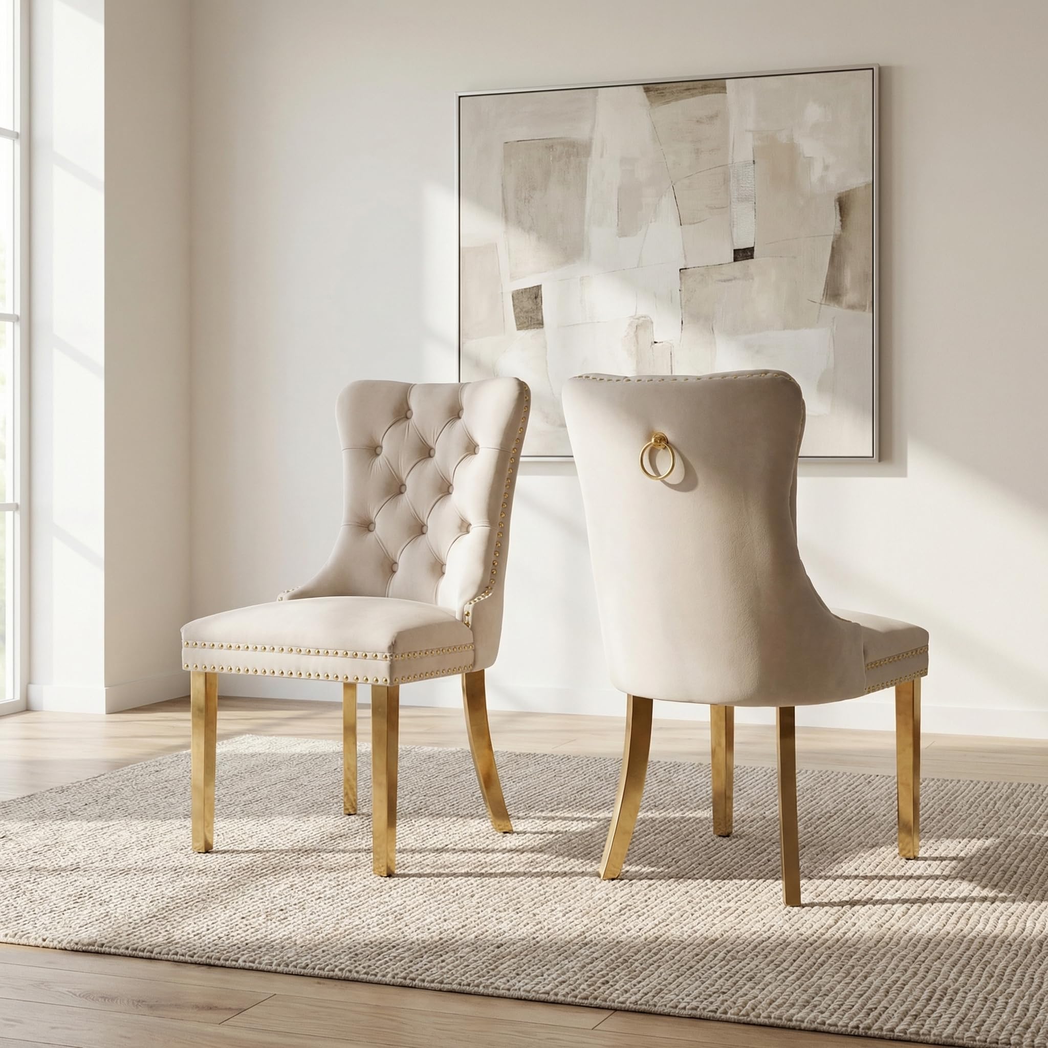 OVENTA Modern Tufted Upholstered Dining Chairs Set of 2, Beige Velvet Dining Room Chair with Metal Legs, Sillas de Comedor, Kitchen Chairs (Beige Velvet, Gold Legs Set of 2)