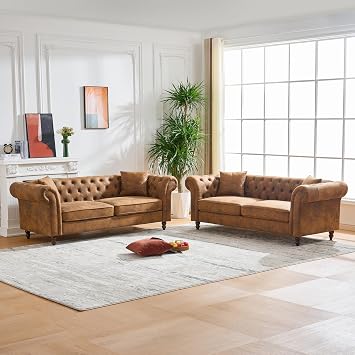 Mid Century Modern Faux Leather Couch Set of 2, Tufted Couch and Loveseat Set muebles para la sala Comfy Chesterfield Upholstered Office Furniture Living Room Sofa Set 2 Piece Brown, 3+3 Seater
