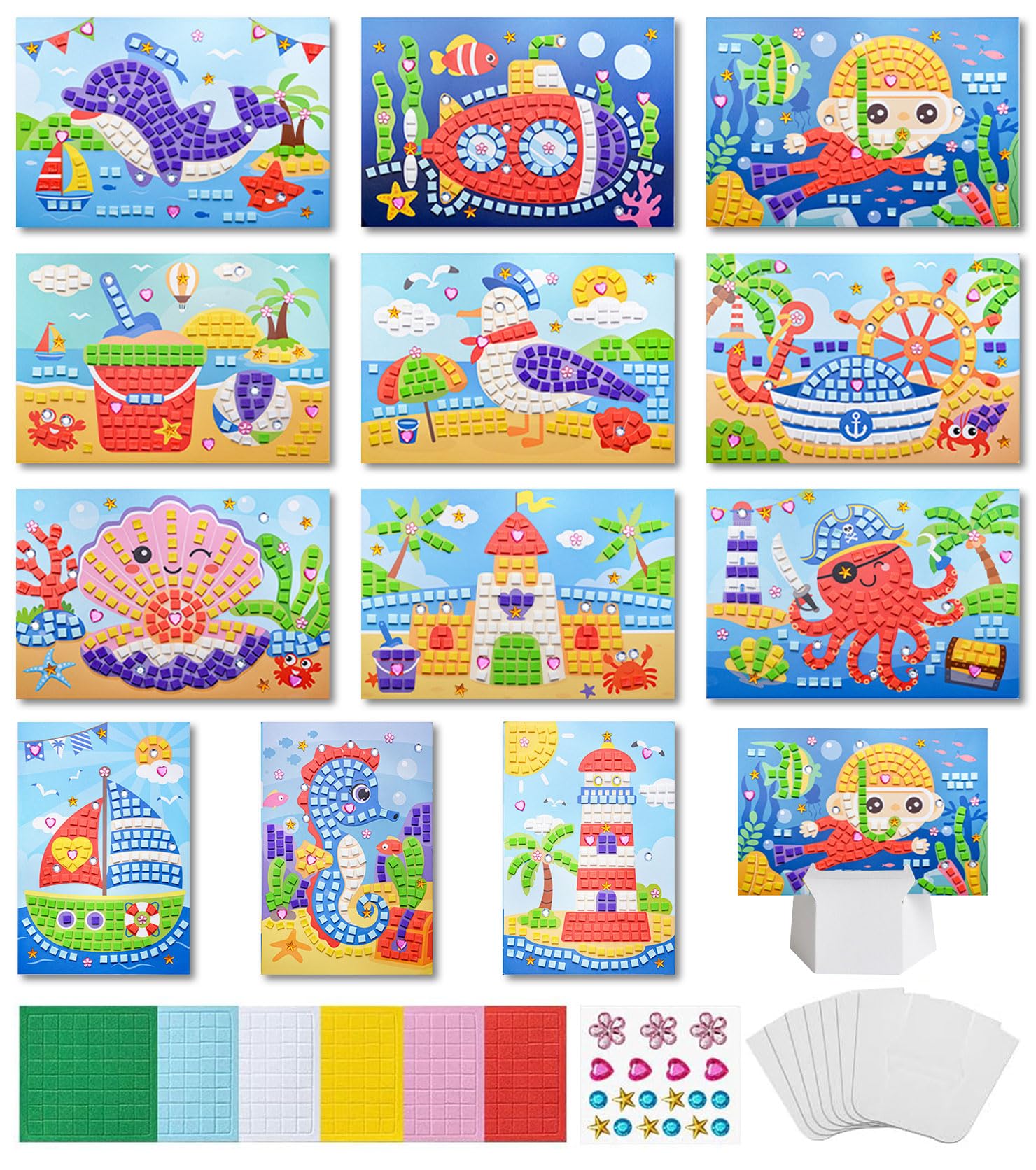 Kit Mosaïque Enfants 12 Motifs Thème Océan – Autocollants Mousse Créatifs, Activité Manuelle Éducative 4-9 Ans, Cadeau Idéal Pour Noël Ou Anniversaire
