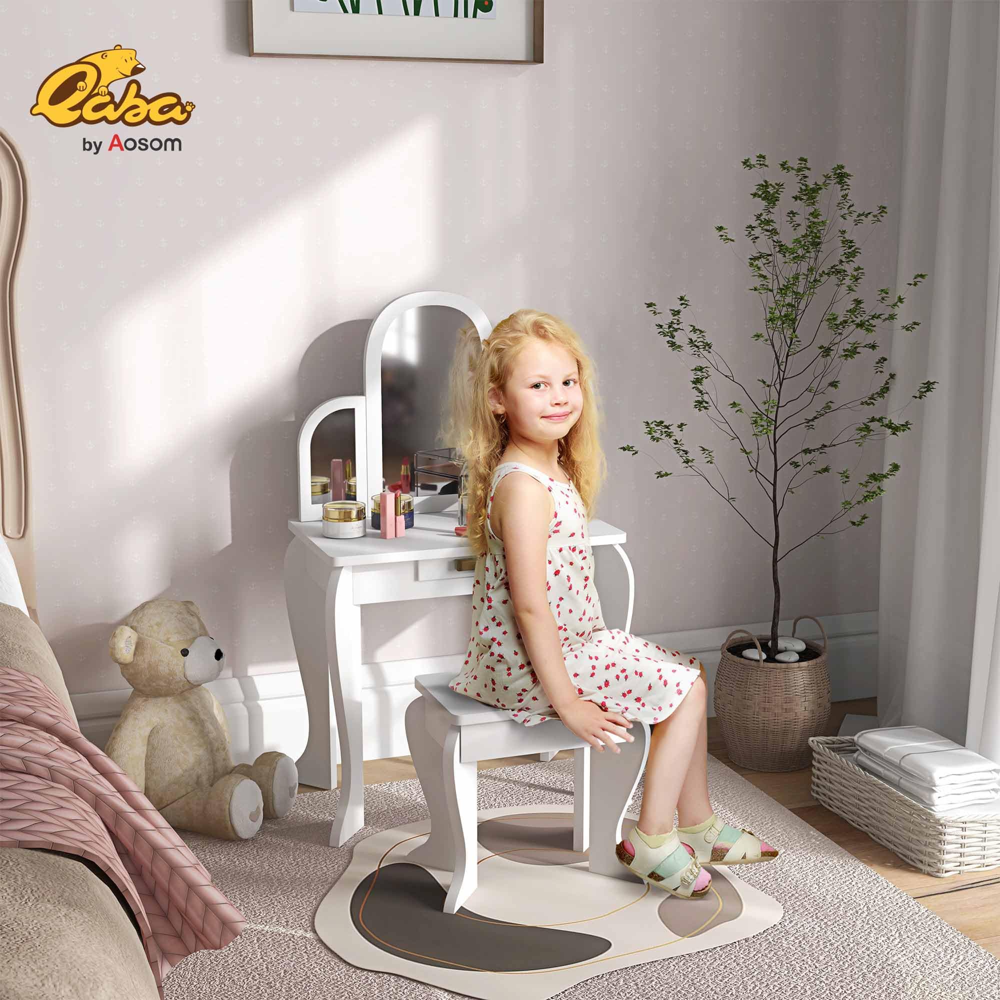 HOMCOM Tocador Infantil con Taburete y Espejo, Tocador para Niñas con Cajón, Mesa de Maquillaje para Niños y Niñas de 3-6 Años, Blanco