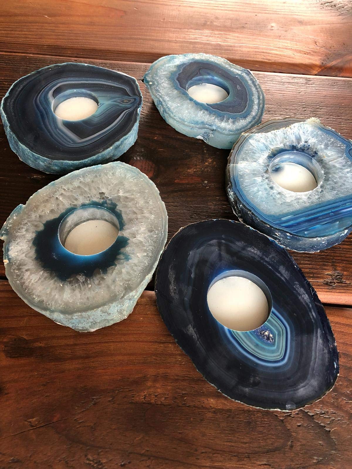 Large Blue Agate Slice Microcrystalline Quartz Tealight Candle Holder Ornament Gift