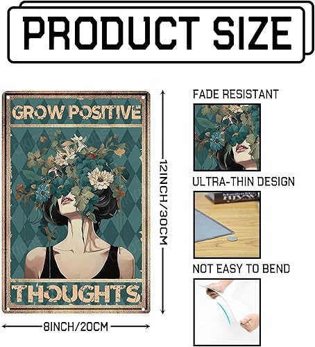 Miniatura 3 de Letrero de aluminio de metal con texto en inglés "Grow Positive Thoughts", divertido letrero de hojalata vintage, regalo para mujeres, hogar,