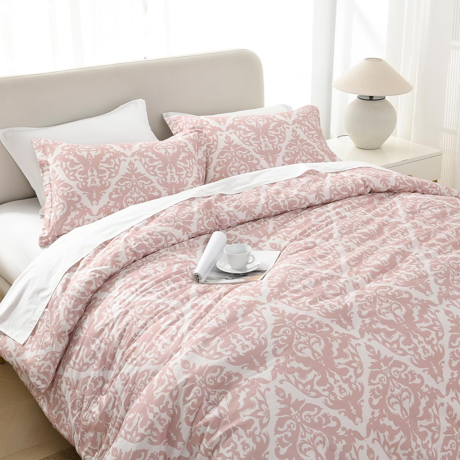 SahSahCasa Cotton Comforter Set Queen Size, Paisley Queen Comforter Bedding Set, Damask Floral Pattern Fluffy Quilted All-Season Luxury Soft Comforter Bed Set, Duvets and Down Alternative, 3pcs, Pink