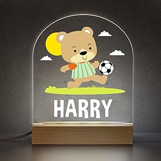 Teddy Bear Football Bedroom Night Light with Childs Name, Personalised LED Night Light For Boys, Boys Nursery Bedroom Decor, Boys Sleep Light Lamp, Gifts for Boys Birthday Christmas