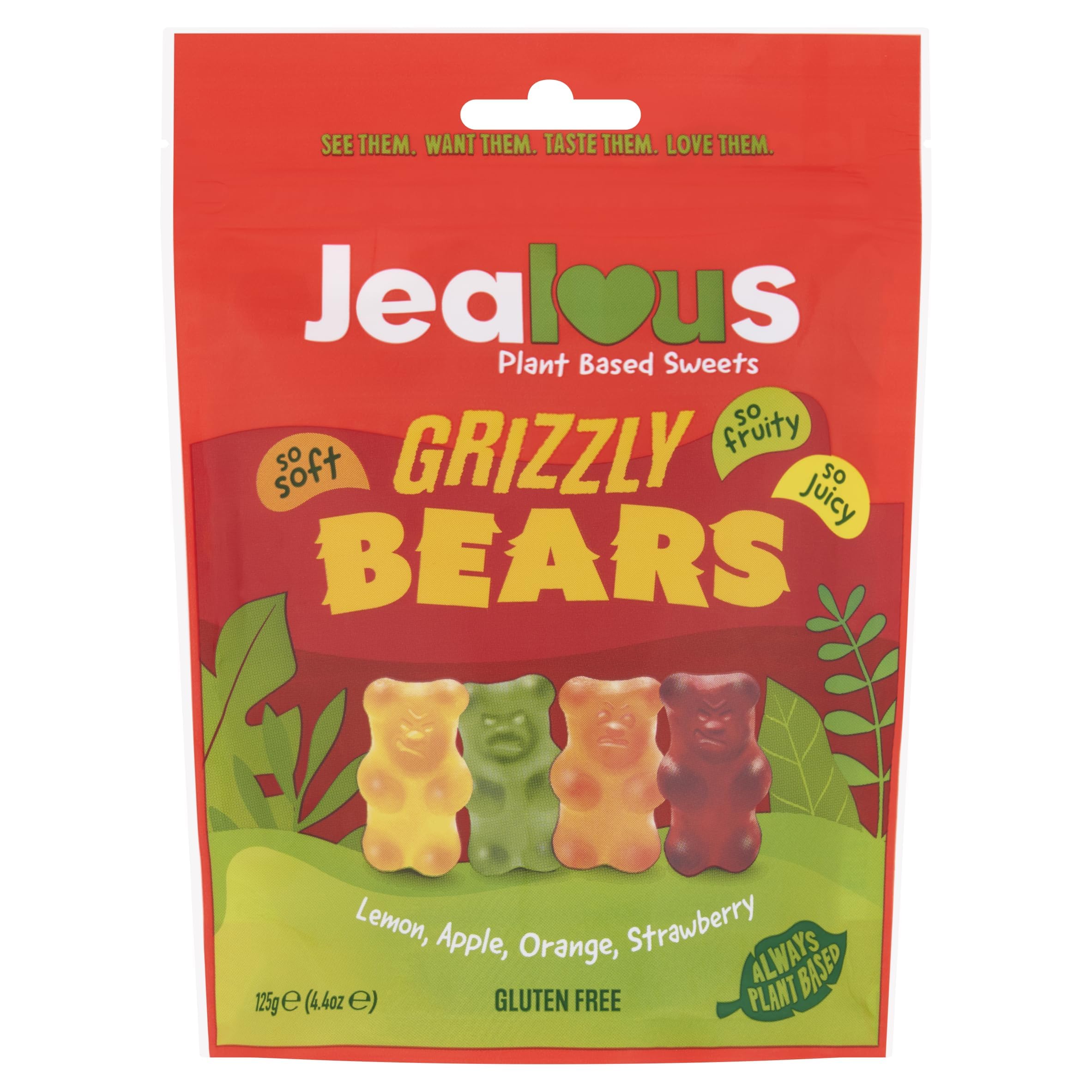 JEALOUS SWEETS Lemon Apple Orange Strawberry Gummy Grizzly Bears (1 x 125g Share Bag) Vegan Gluten & Dairy Free Gummies. Tasty Natural Fruit Chewy Treats. No Artificial Colour, Gelatine Free Gums