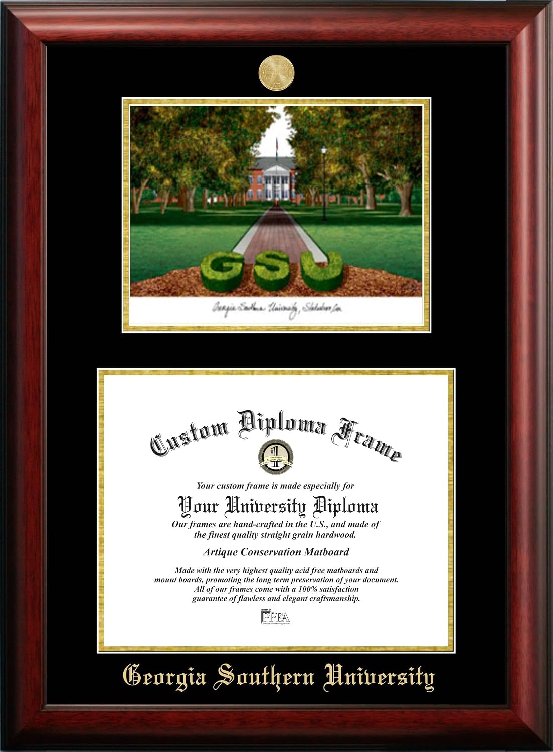 Campus Images Georgia Southern University Double Diploma Frame, 11 x 14 Satin Mahogany with Medallion – GSU Landmark Lithograph, Black & Gold