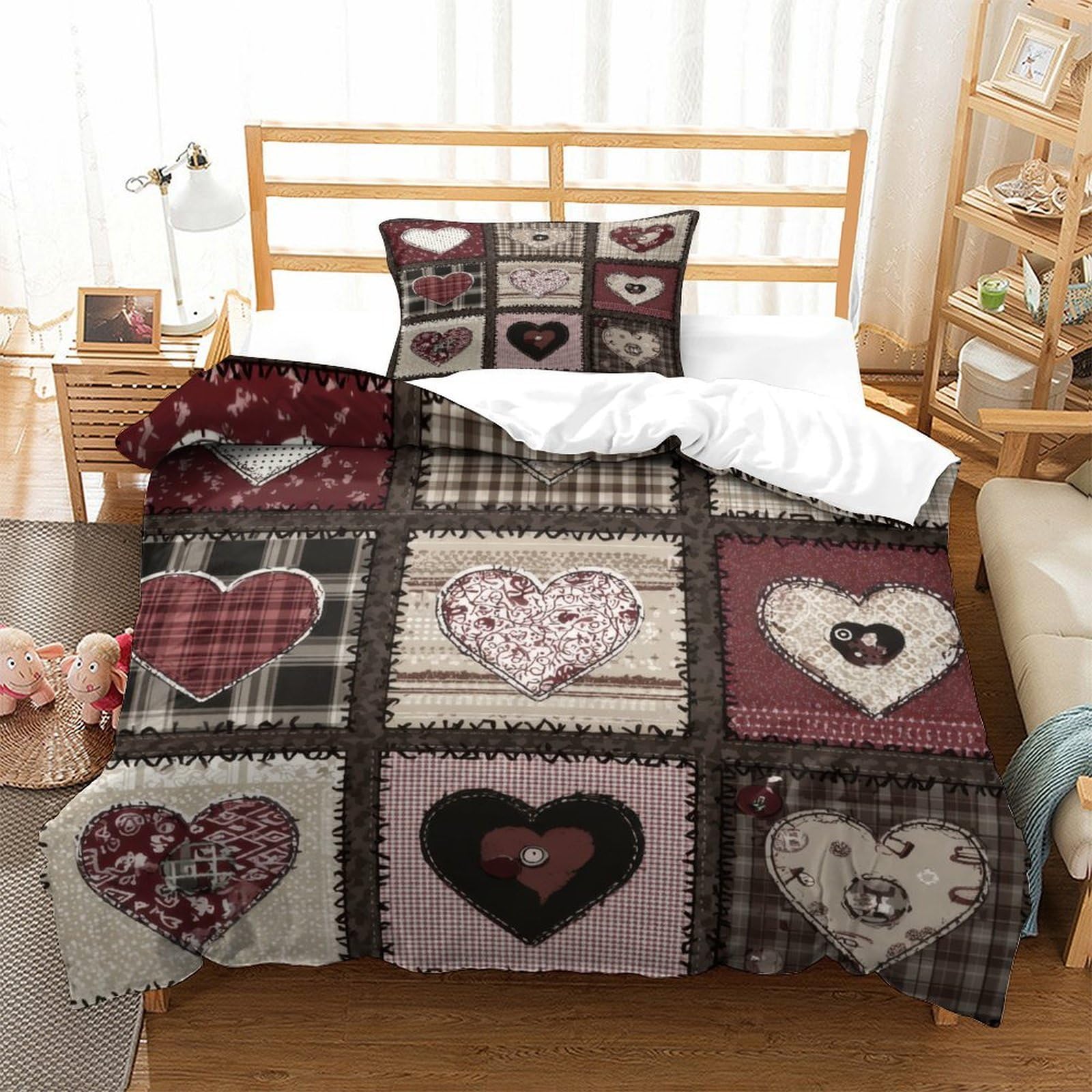 Qdzhcpmyk Style-7 Heart Patchwork Design—Vintage Quilt Style Duvet Cover 2 Pcs Hotel Quality Quilt Cover Bedding Set Bed Covers With Pillowcases With Zipper Closure Ultra Soft Hypoallergenic Microfiber Single（135X200cm