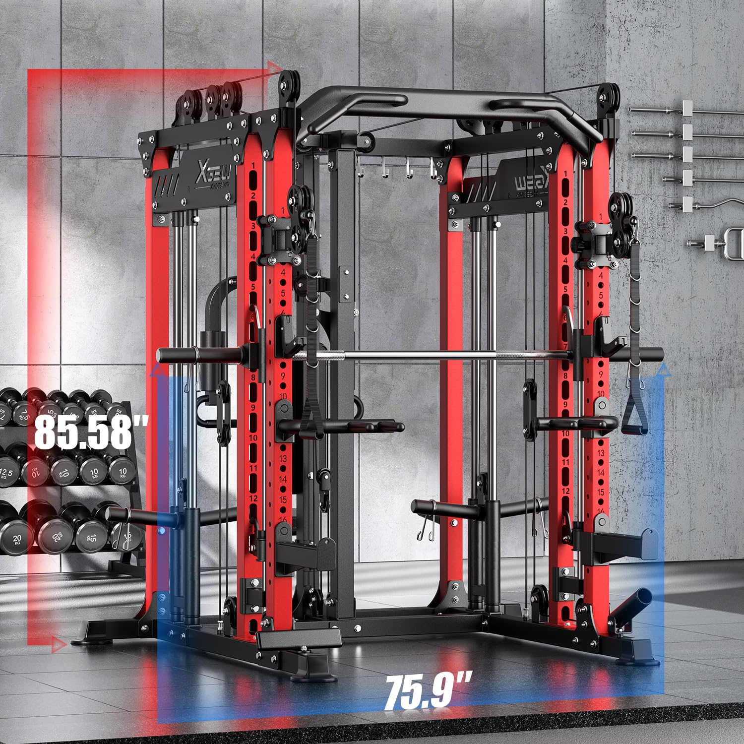 Smith Machine with Cable Crossover System, Multi-Function Power