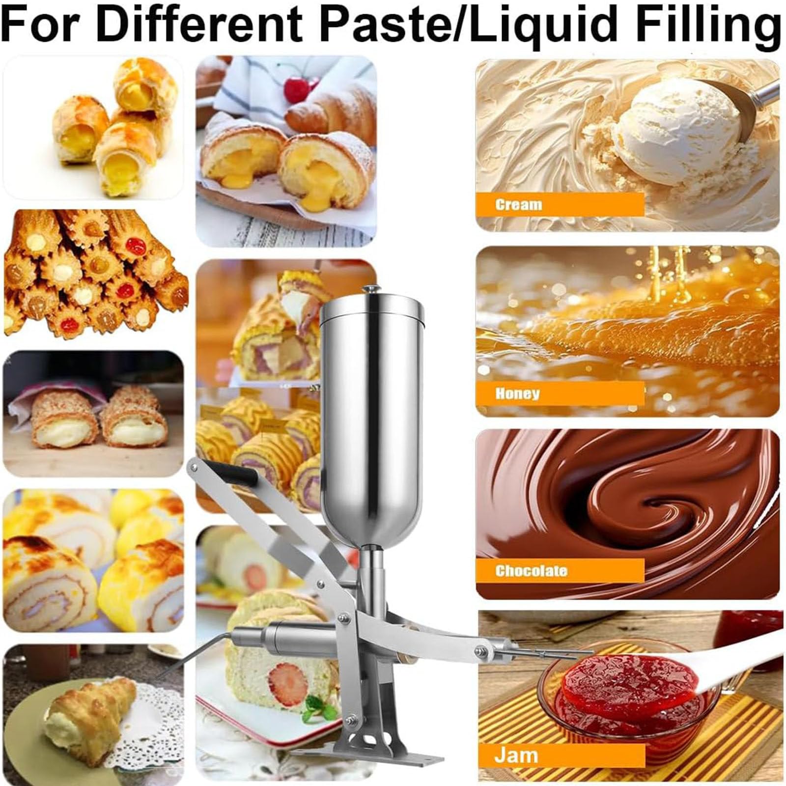 Máquina de churro manual de 5 litros, inyector de postre de acero inoxidable para crema, mermelada, chocolate con 4 boquillas, equipo comercial de panadería para churros, eclairs, donas