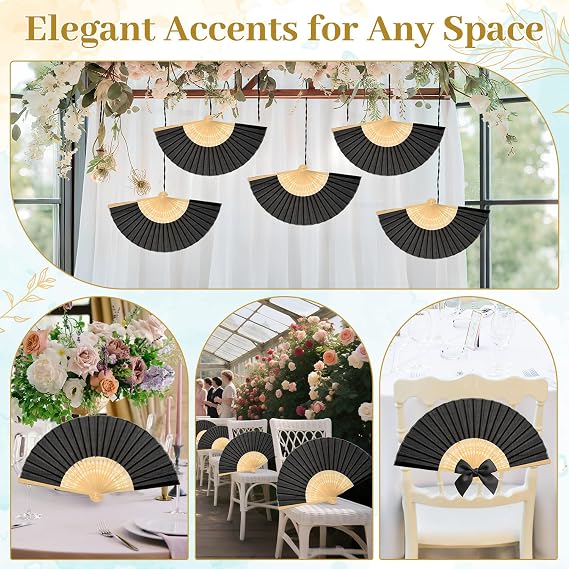 iZoeL 12 Pack Black Folding Hand Fans, Paper Bamboo Fans, Elegant Spanish Style Handheld Fan for Weddings, Church, Funerals, Parties, Wall Decoration, DIY Crafts & Summer Events Vintage | Pack of 12 black fans with bag, wedding fan, folding fan, wedding decoration for summer party, guest gift and accessory