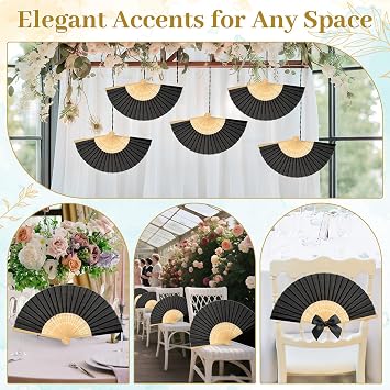 iZoeL 12 Pack Black Folding Hand Fans, Paper Bamboo Fans, Elegant Spanish Style Handheld Fan for Weddings, Church, Funerals, Parties, Wall Decoration, DIY Crafts & Summer Events Vintage | Pack of 12 black fans with bag, wedding fan, folding fan, wedding decoration for summer party, guest gift and accessory