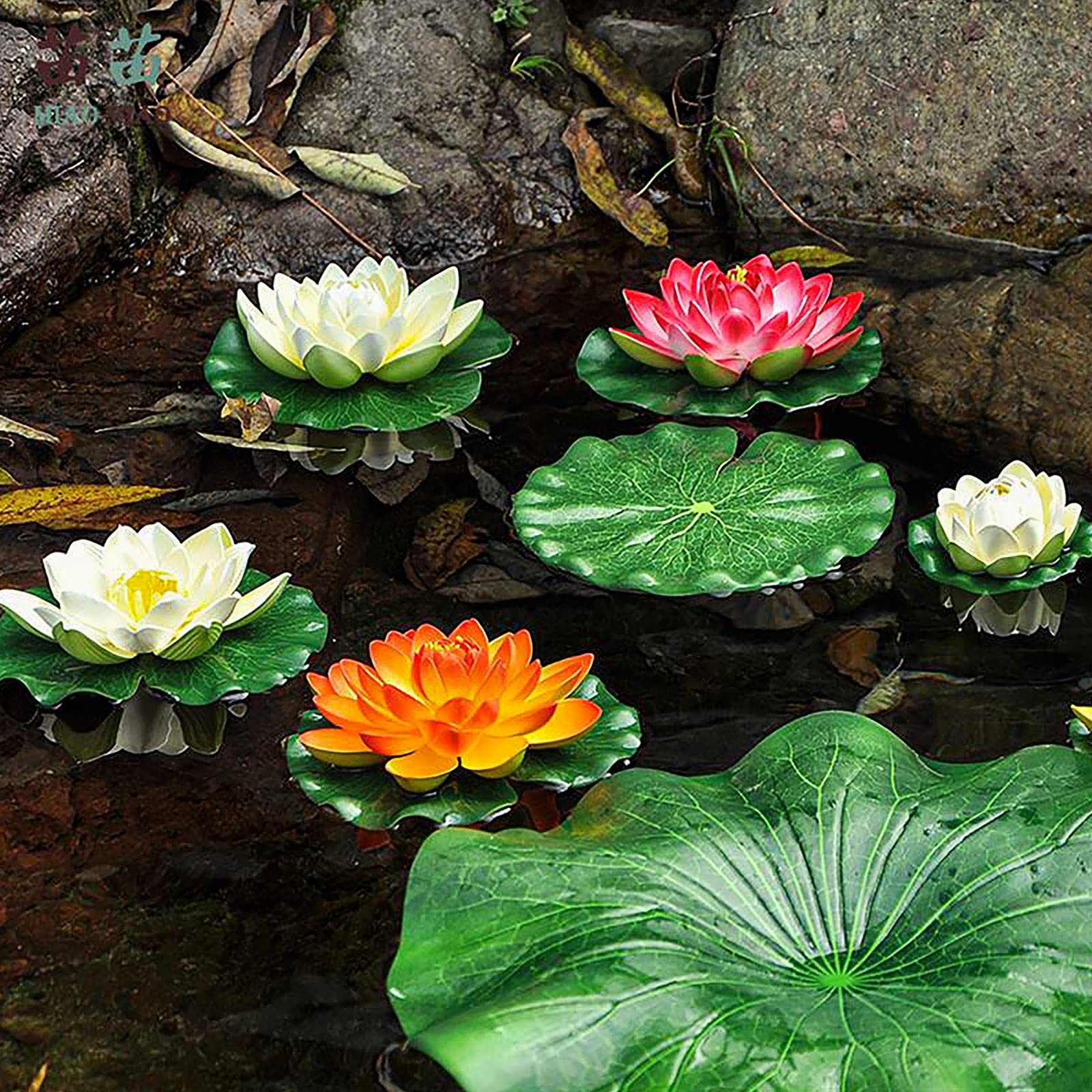 6 Pezzi Fior di Loto Artificiale Ninfee Galleggianti Impermeabile, Loto di simulazione Fiori galleggianti per Acquario Terrazza Giardino Piscina Laghetto(Bianco)